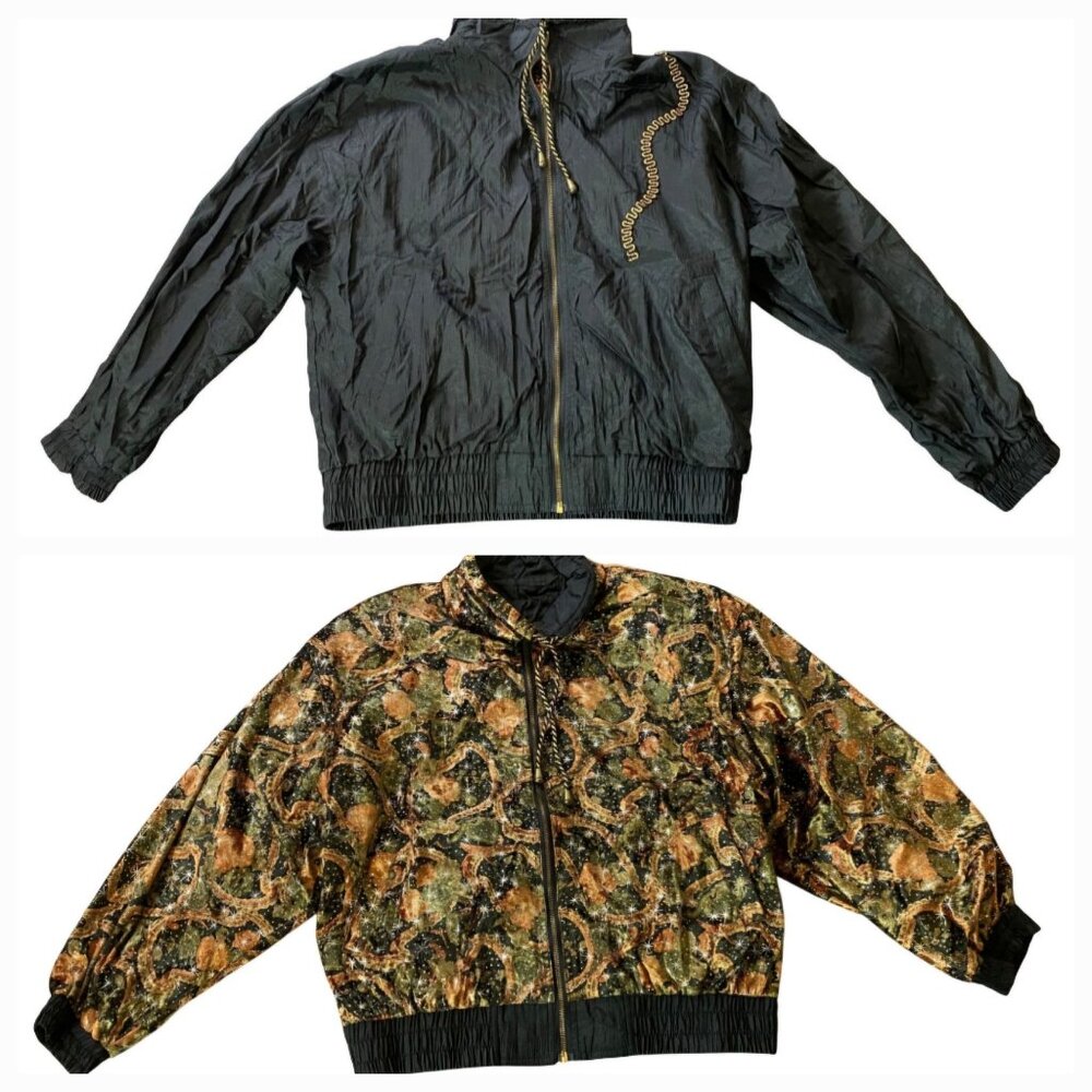 Chili Pepper Reversible Jacket Leaf Sparkle Pattern Windbreaker Zips Medium